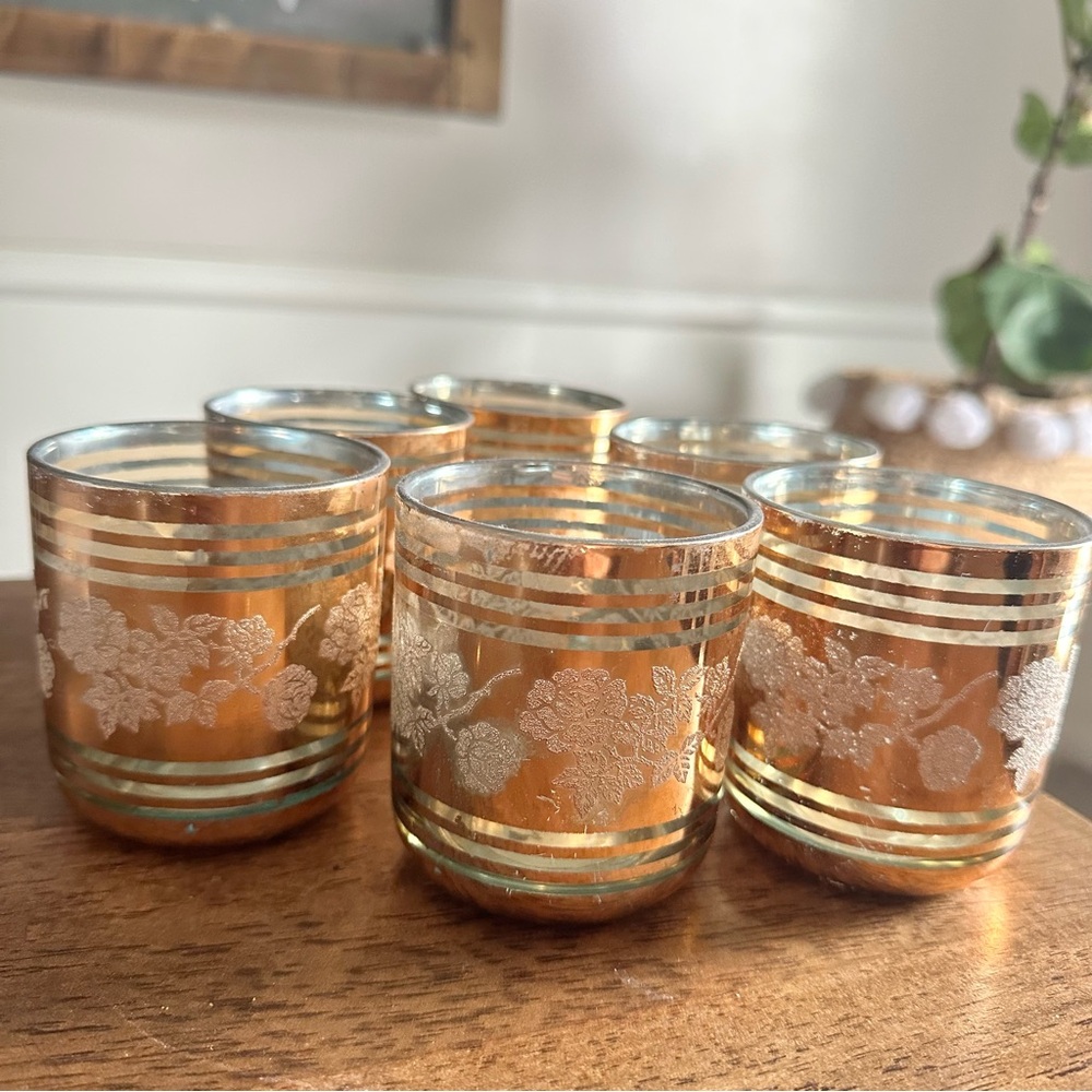6 Vintage Rose Gold with roses Royal Crown (Korea) glasses for cocktails, juice
